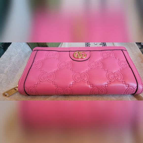 NIB AUTHENTIC GUCCI OPHIDIA PINK MONOGRAM QUILTED LEATHER ZIP AROUND WALLET - Picture 8 of 14